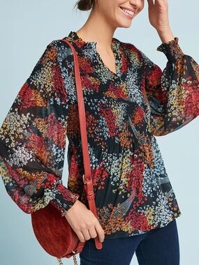 Anthropologie Akemi + Kin Smocked Floral Blouse Black Multi M
